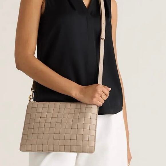 Quince Italian Leather Handwoven Convertible Crossbody Bag Taupe - Picture 1 of 12
